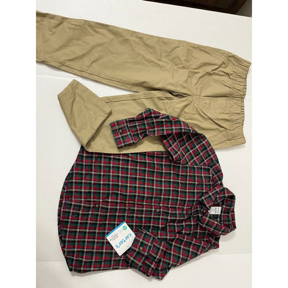 Carter's Boys 4T Plaid Button Down Shirt & Khaki Pants 2-Piece Outfit (908)